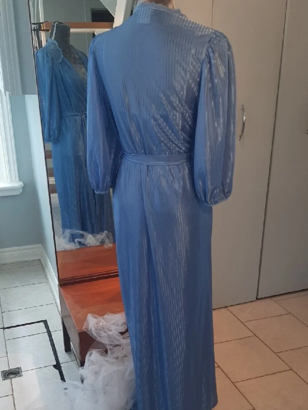 🦋COORD SET🦋BUTTERFLY Light Blue VINTAGE Negligee+Wrap Robe Self-Tie Belt Sz M - Picture 7 of 11